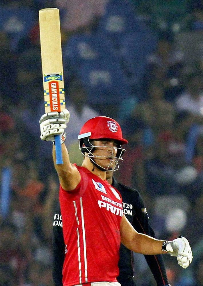 Kings XI Punjab Marcus Stoinis celebrates his half century during IPL match between the Kings XI Punjab and the Delhi Daredevils in Mohali.