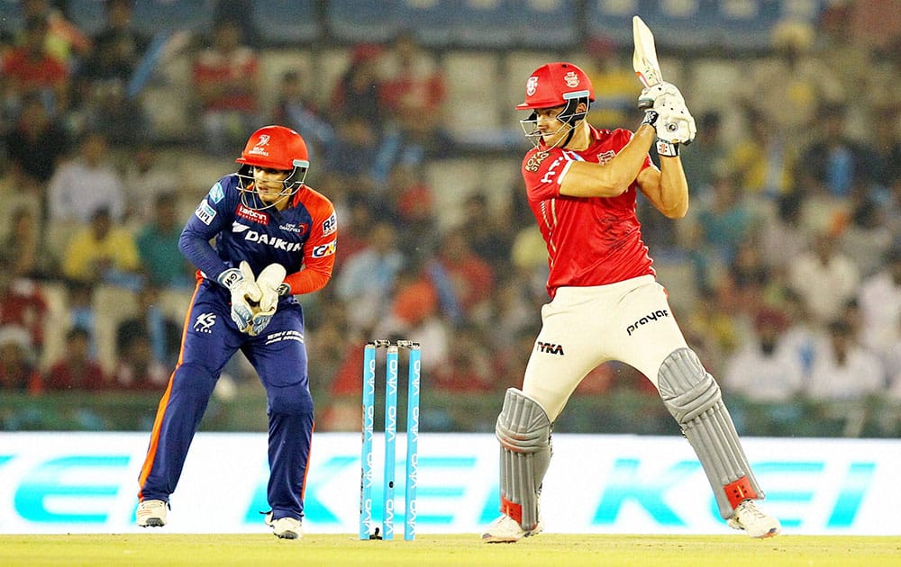 Kings XI Punjab Marcus Stoinis plays a shot during IPL match between the Kings XI Punjab and the Delhi Daredevils in Mohali.