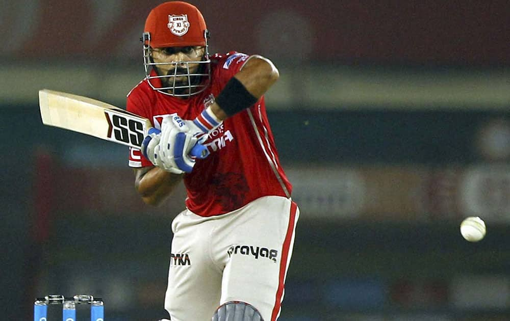 Kings XI Punjab captain Murali Vijay plays a shot during IPL match between the Kings XI Punjab and the Delhi Daredevils in Mohali.