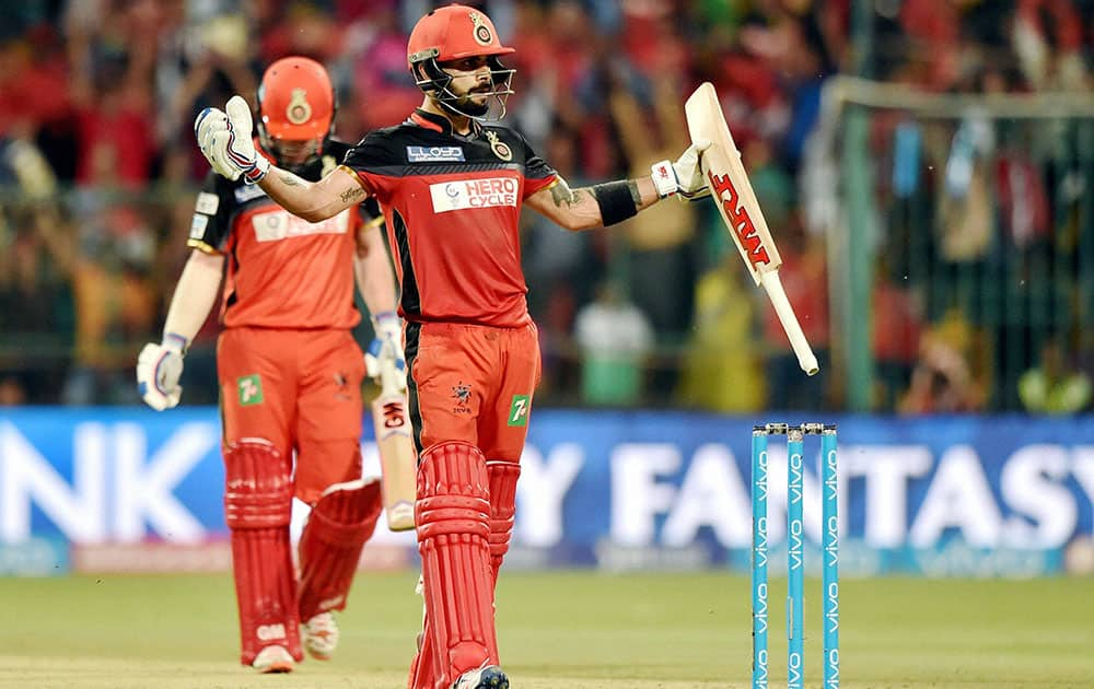 Royal Challengers Bangalores Virat Kohli celebrates his century during the IPL 2016 match against Rising Pune Supergiants in Bengaluru.