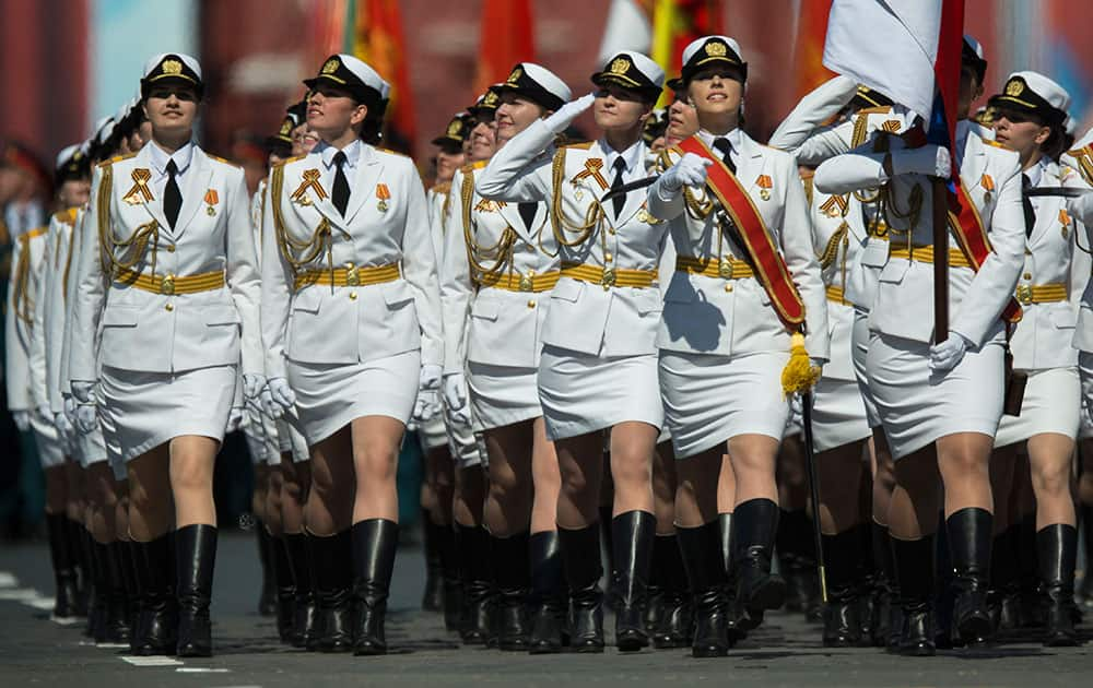 Russian cadets march during the Victory Day military parade marking 71 years after the victory in WWII in Red Square in Moscow, Russia.