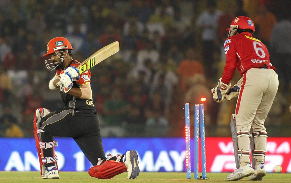 KL Rahul of Royal Challengers Banglore gets clean bowled during an IPL match against Kings XI Punjab in Mohali.
