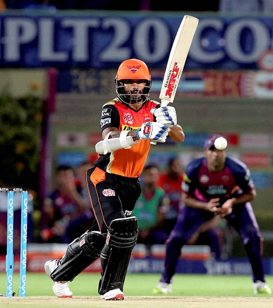 Shikhar Dhawan of Sunrisers Hyderabad plays a shot during an IPL 2016 against Rising Pune Supergiants at ACA-VDCA Stadium in Visakhapatnam.