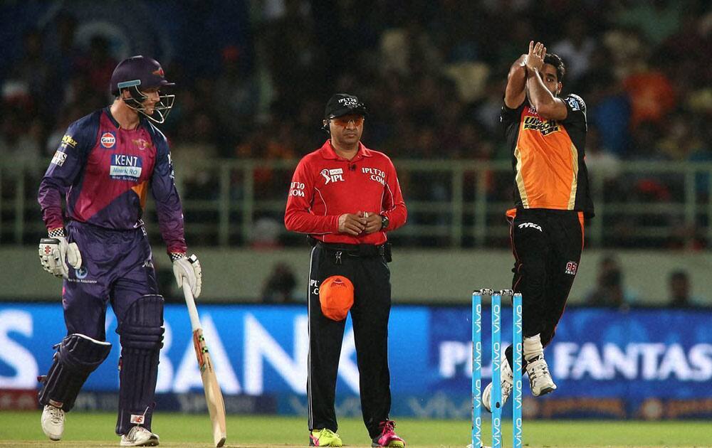 Bhuvneshwar Kumar of Sunrisers Hyderabad in action against Rising Pune Supergiants during an IPL 2016 at ACA-VDCA Stadium in Visakhapatnam.