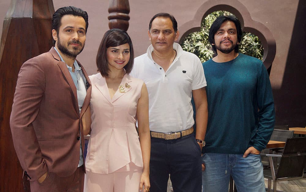 Actors Emraan Hashmi and Prachi Desai with former cricketer Mohammad Azharuddin and director Tony DSouza promote the film Azhar in New Delhi.