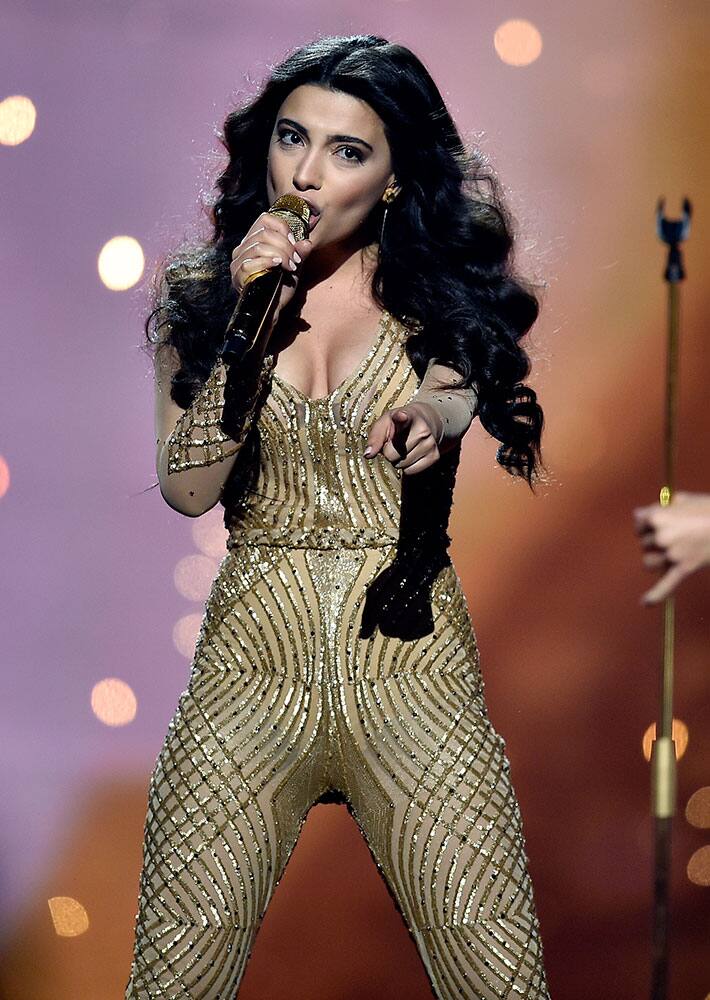 Azerbaijan's Samra, center, performs 'Miracle' during the first Eurovision Song Contest semifinal in Stockholm, Sweden.