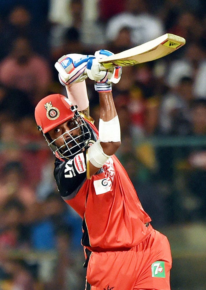 Royal Challengers Bangalore K L Rahul plays a shot during IPL 2016 match against Mumbai Indians at Chinnaswamy stadium in Bengaluru.