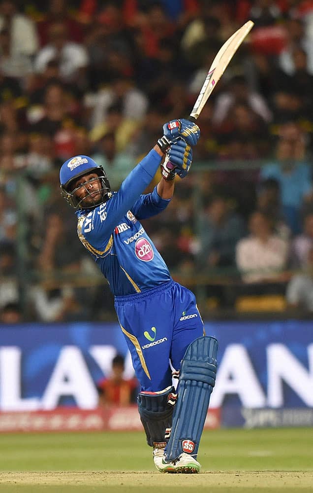 Mumbai Indians Ambati Rayudu plays a shot during IPL 2016 match against Royal Challengers Bangalore at Chinnaswamy stadium in Bengaluru.