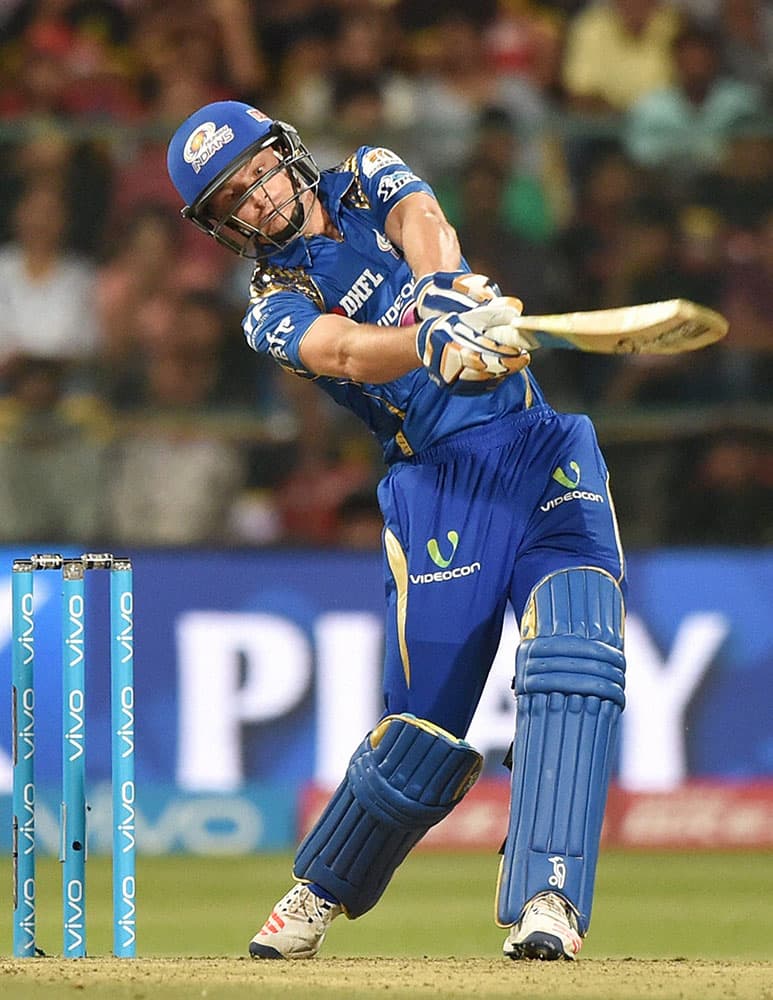 Mumbai Indians batsman James Buttler plays a shot during IPL 2016 match against Royal Challengers Bangalore at Chinnaswamy stadium in Bengaluru.