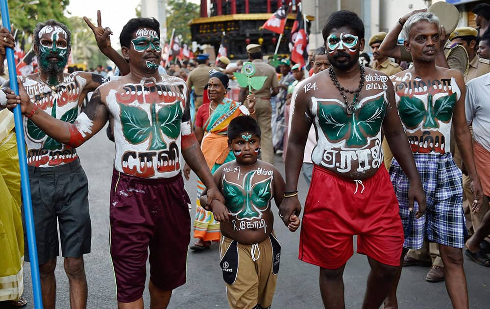 Supporters of AIADMK supremo and Chief Minister J Jayalalithaa at an election meeting in Chennai.