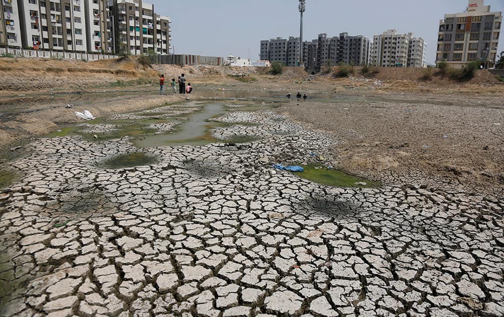 Indians watch as municipal workers, center right, rescue fish from a dried lake at Ratanpura in Ahmadabad, Gujarat, India.