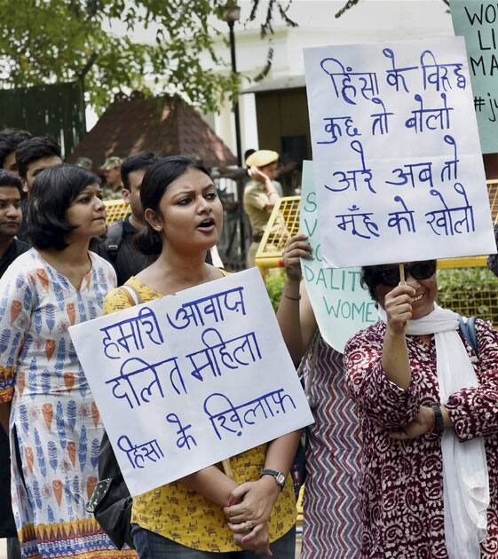 NGO activists staging a protest demanding justice for the Perumbavoor rape victim, at Kerala Bhavan in New Delhi.