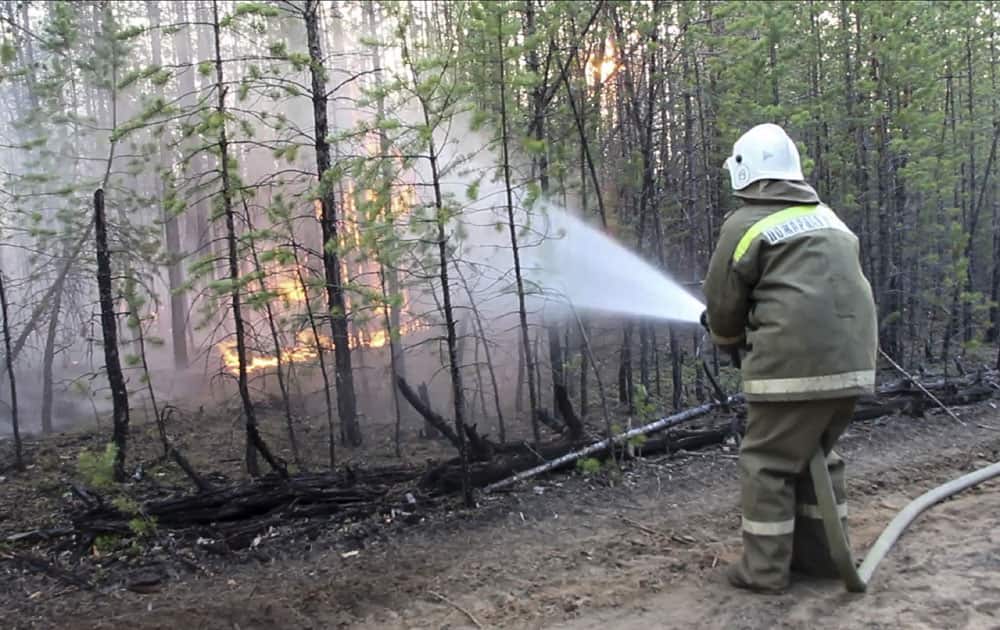 A firefighter extinguishes a forest fire in Russian Siberian region of Buryatia.