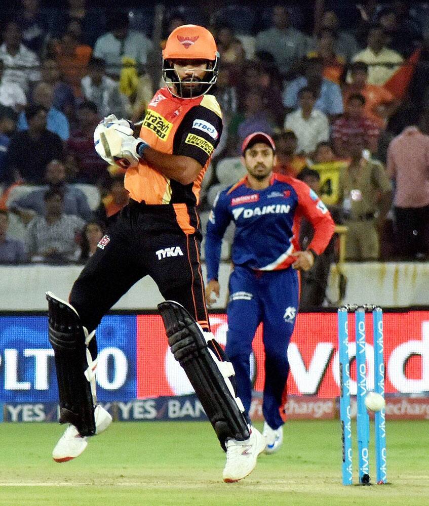 Shikhar Dhawan of SRH plays a shot against Delhi Daredevils during IPL cricket match at Uppal Stadium in Hyderabad.