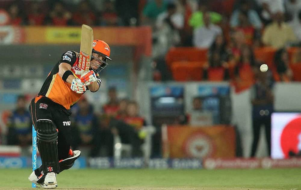 Sunrisers Hyderabad captain David Warner plays a shot against Delhi Daredevils during IPL cricket match at Uppal Stadium in Hyderabad.