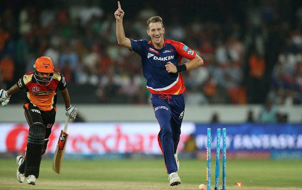 Christopher Morris of Delhi Daredevils celebrates run out Bhuvneshwar Kumar of Sunrisers Hyderabad during an IPL cricket match at Uppal Stadium in Hyderabad.