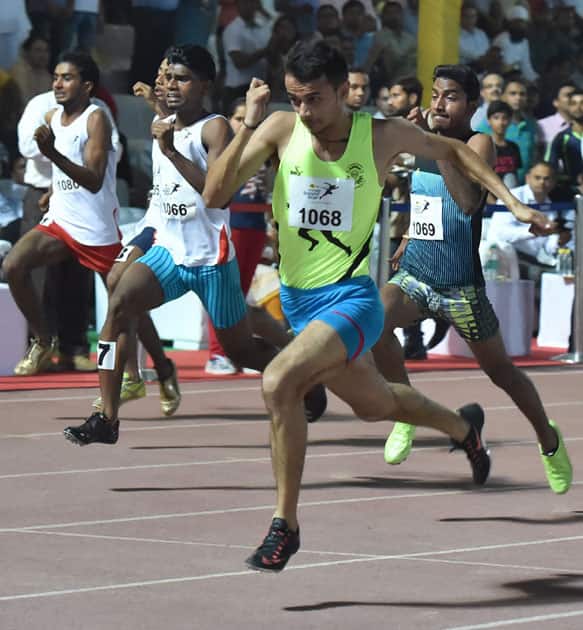 Shortlisted athletes (boys under 17) from the state trials take part during the finals of GAIL Indian Speedstar A National talent search to identify and groom future Olympic stars in track events in New Delhi.
