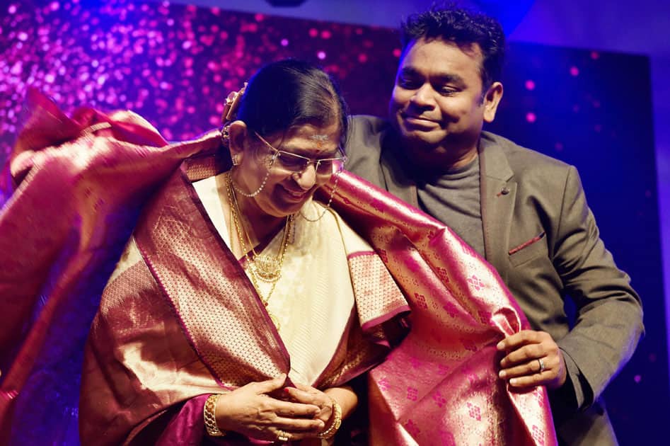 Music maestro AR Rahman honors legendary playback Singer Padma Bhushan P Susheela during the annual event at KM College of Music and Technology & inauguration of Sunshine Mirchi Music Hall, in Chennai.