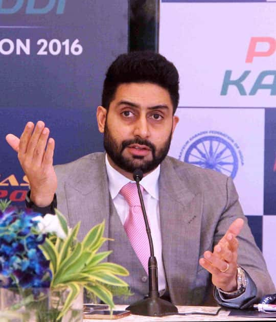 Jaipur Pink Panther owner Abhishek Bachchan interacts with media during the Pro Kabaddi Players Auction 2016, in Mumbai.
