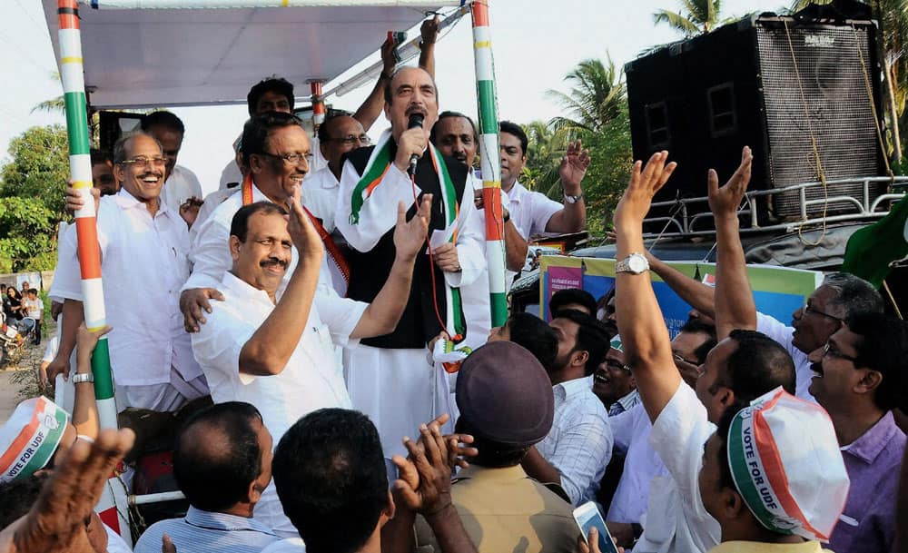 Congress leader Ghulam Nabi Azad speaks at an election campaign rally ahead of Assembly polls at Koduvally in Kozhikode.