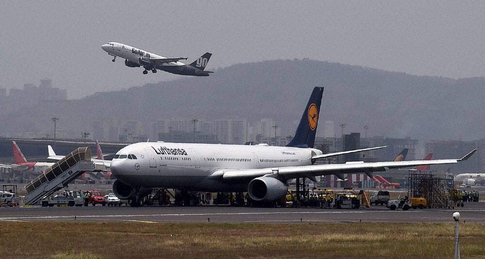 Lufthansa flight LH764 from Munich stuck at the airport as the main runway was closed due to a tyre burst of an aircraft, in Mumbai.