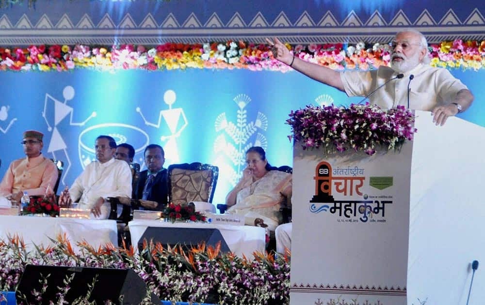 Prime Minister Narendra Modi speaking at International Vichar Maha Kumbh during Simhastha Maha Kumbh Mela, in Ujjain on Saturday. Also seen is President of Sri Lanka Maithripala Sirisena.