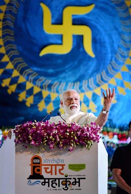 Prime Minister Narendra Modi addressing the valedictory function of International Vichar Maha Kumbh during Simhastha Maha Kumbh Mela at Ninora village in Ujjain.