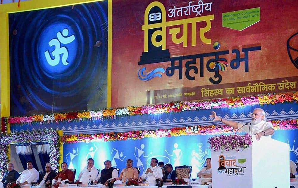 Prime Minister Narendra Modi addressing the valedictory funtion of three-day International Vichar Maha Kumbh during Simhastha Maha Kumbh Mela, in Ujjain on Saturday. Also seen is President of Sri Lanka Maithripala Sirisena.