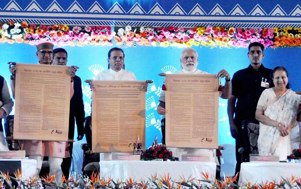 Prime Minister Narendra Modi and President of Sri Lanka Maithripala Sirisena at the International Vichar Maha Kumbh during Simhastha Maha Kumbh Mela in Ujjain.