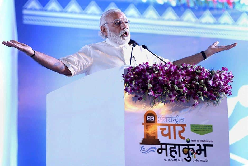 Prime Minister Narendra Modi addressing the valedictory funtion of the three-day International Vichar Maha Kumbh during the Simhastha Maha Kumbh Mela, in Ujjain.