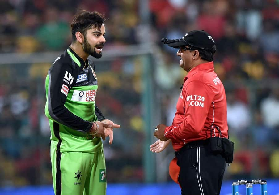  Royal Challengers Bangalore Virat Kohli argues with umpire after a no-ball during the IPL T20 match against Gujarat Lions in Bengaluru .