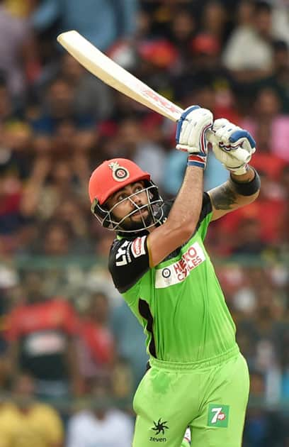 Bengaluru : Royal Challengers Bangalore Virat Kohli plays a shot during the IPL T20 match against Gujarat Lions in Bengaluru.