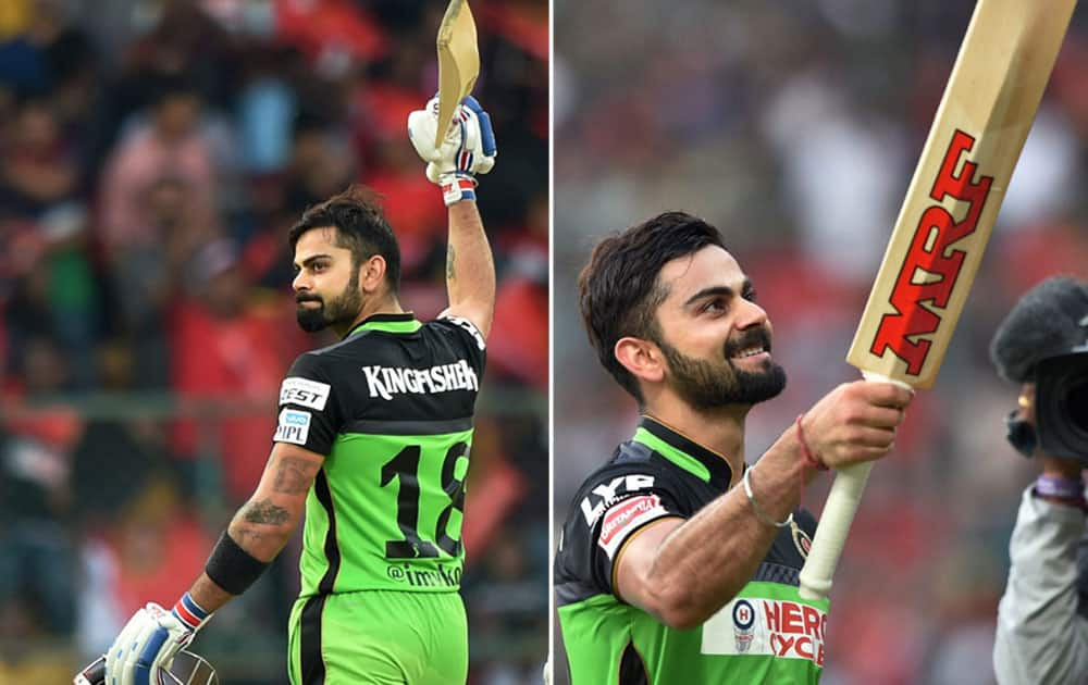 Royal Challengers Bangalore Virat Kohli celebrates his hundred runs during the IPL T20 match against Gujarat Lions at Chinnaswamy Stadium in Bengaluru.