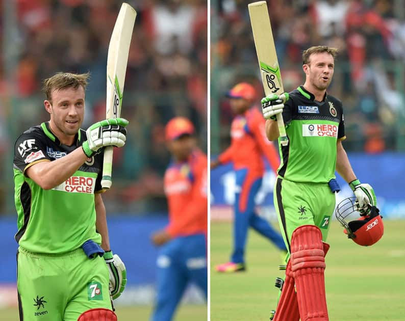 Royal Challengers Bangalore AB De Villiers celebrates his century during the IPL T20 match against Gujarat Lions at Chinnaswamy Stadium in Bengaluru.