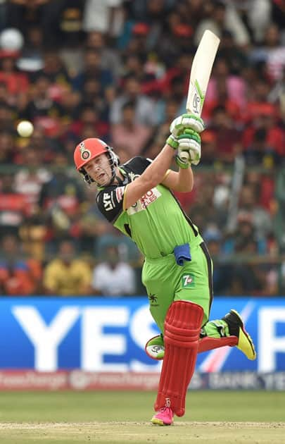 Royal Challengers Bangalore AB De Villiers plays a shot during the IPL T20 match against Gujarat Lions at Chinnaswamy Stadium in Bengaluru.