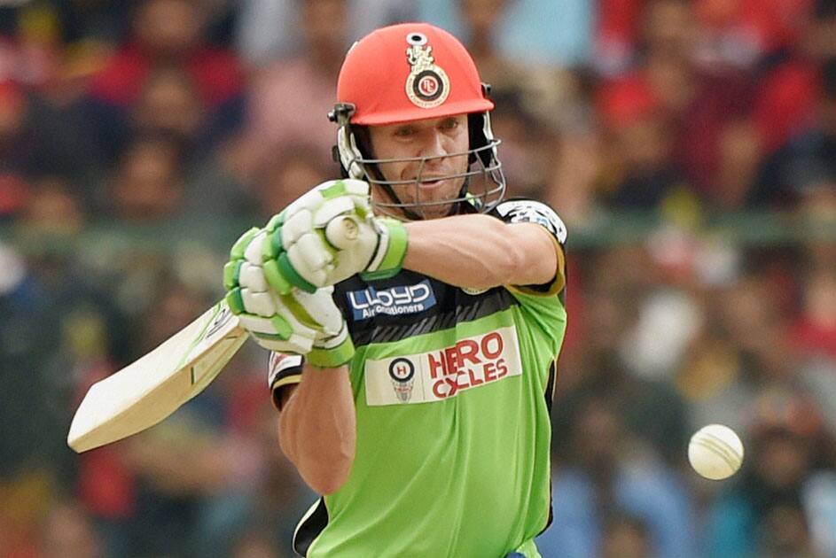 Royal Challengers Bangalore AB De Villiers plays a shot during the IPL T20 match against Gujarat Lions at Chinnaswamy Stadium in Bengaluru.