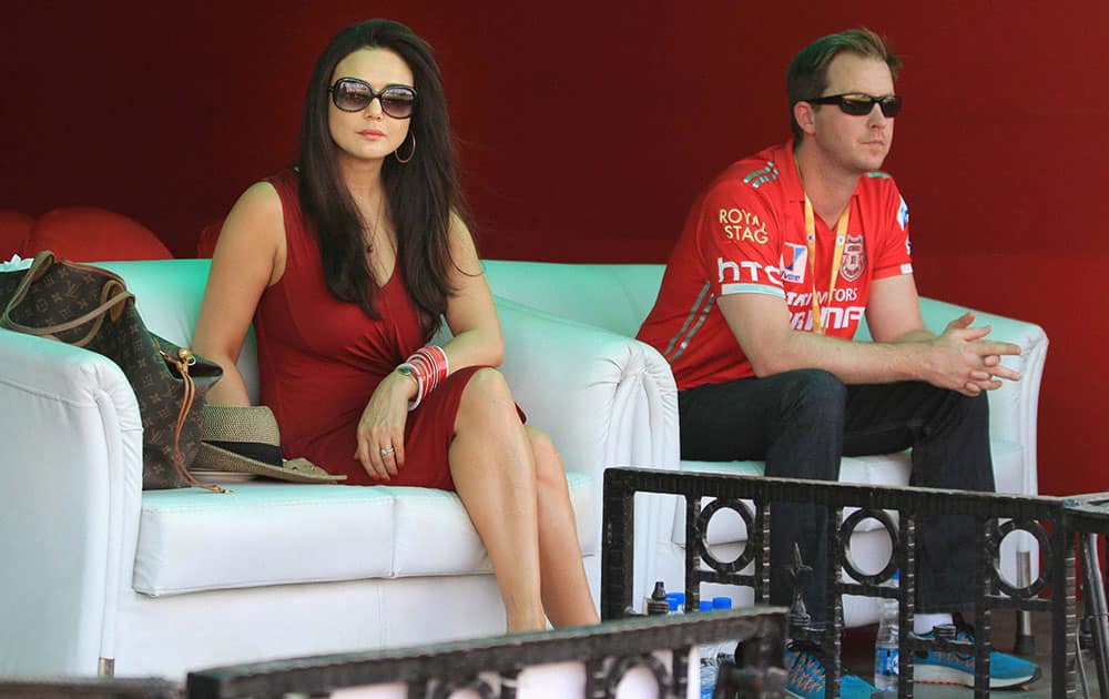 Kings XI Punjab owner Preity Zinta with husband Gene Goodenough during the IPL match against Sunrisers Hyderabad.