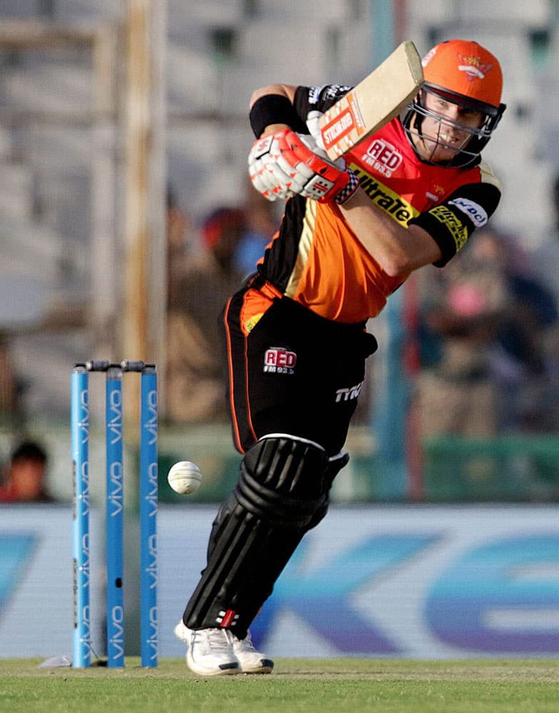 Sunrisers Hyderabad captain David Warner plays a shot during the IPL match against Kings XI Punjab in Mohali.