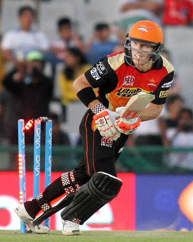 Sunrisers Hyderabad captain David Warner gets hit wicket out during the IPL match against Kings XI Punjab in Mohali.