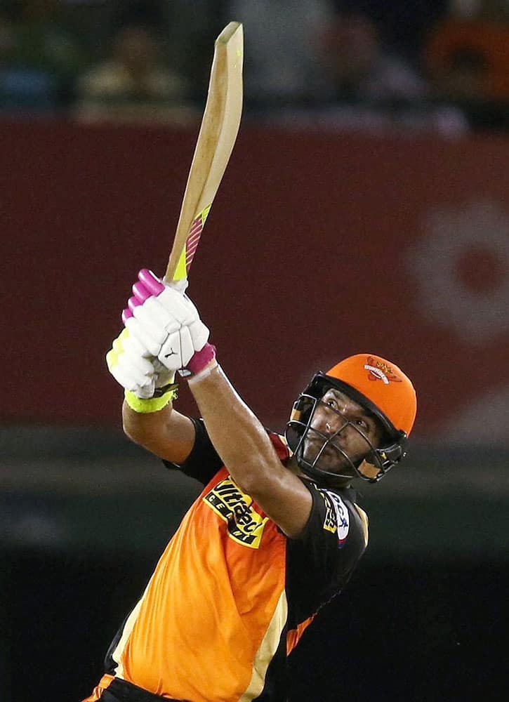 Yuvraj Singh of Sunrisers Hyderabad hits a six during IPL 2016 in Mohali.