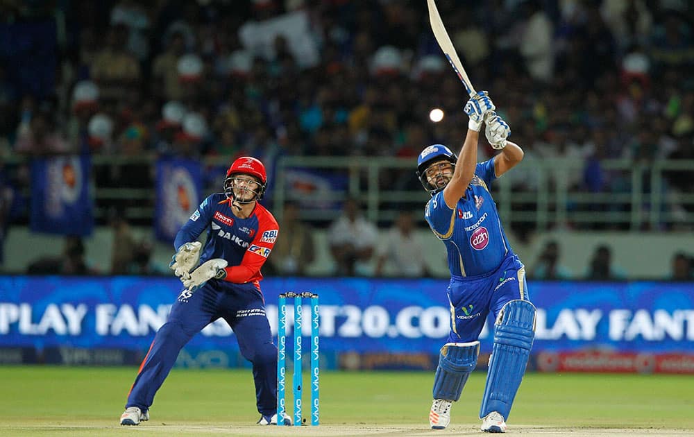 Mumbai Indians captain Rohit Sharma plays a shot during IPL 2016 match against Delhi Daredevils in Visakhapatnam.