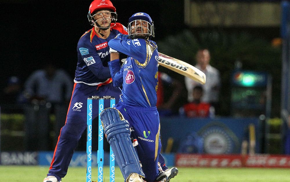 Mumbai Indians batsman Krunal Pandya plays a shot during IPL 2016 match against Delhi Daredevils in Visakhapatnam.