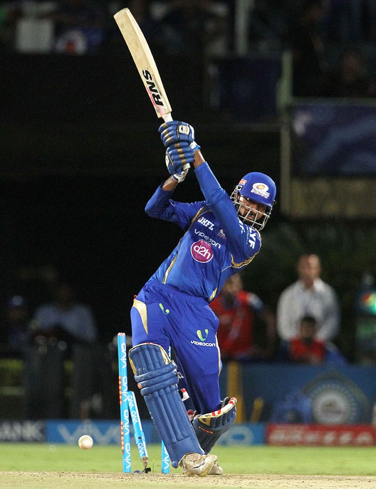 Mumbai Indians batsman Krunal Pandya gets clean bowled during IPL 2016 match against Delhi Daredevils in Visakhapatnam.