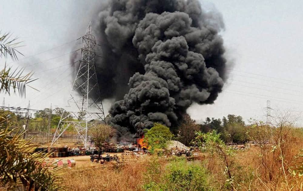 Smoke billowing out after a fire at a store of power house in Bhilai.