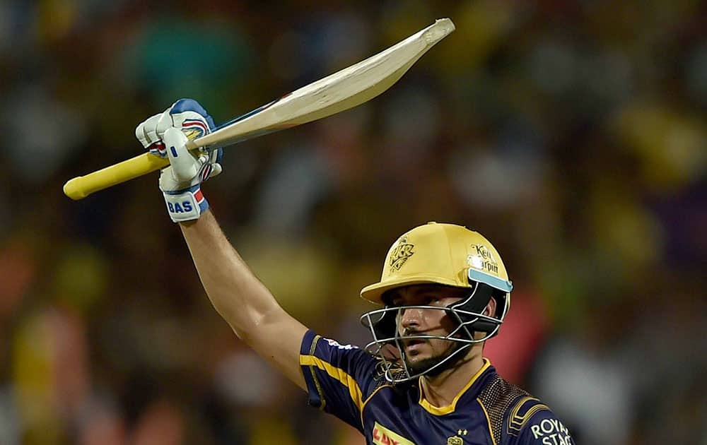 KKR batsman Manish Pandey celebrates after his half century during an IPL match against RCB at Eden Garden in Kolkata.