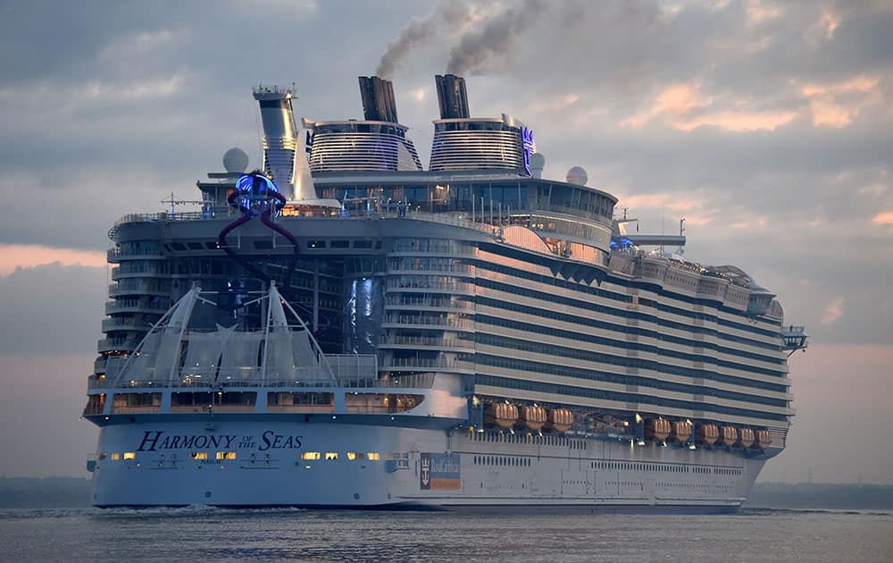 The world's largest passenger ship, Harmony of the Seas, owned by Royal Caribbean, docks on arrival in Southampton, England, ahead of her maiden cruise. 