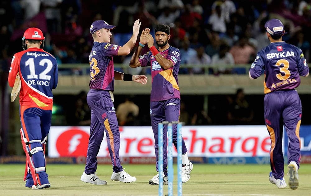 Rising Pune Supergiants players celebrates a wicket of Delhi Daredevils during match a IPL 2016 at the ACA-VDCA Stadium, Visakhapatnam.