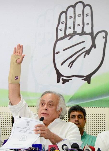 Senior Congress leader Jairam Ramesh addresses the media in Ahmedabad.
