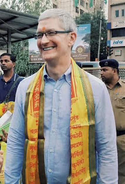 Apple’s CEO Tim Cook outside Siddhivinayak Temple in Mumbai.