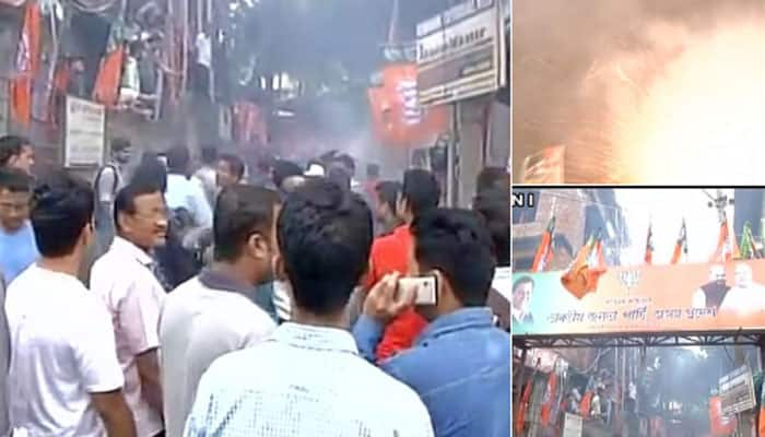 Guwahati (Assam): Celebrations outside BJP office after trends shows BJP leading in the state #Election2016- twitter@ANI_news